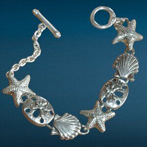 Silver Tone Beach Themed Charm Bracelet 8" Starfish Sand Dollar Seashell